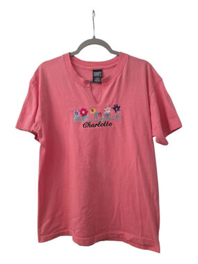 Sherry's Best Vintage Y2K Pink Embroidered Charlotte Floral V-Neck T-Shirt Large